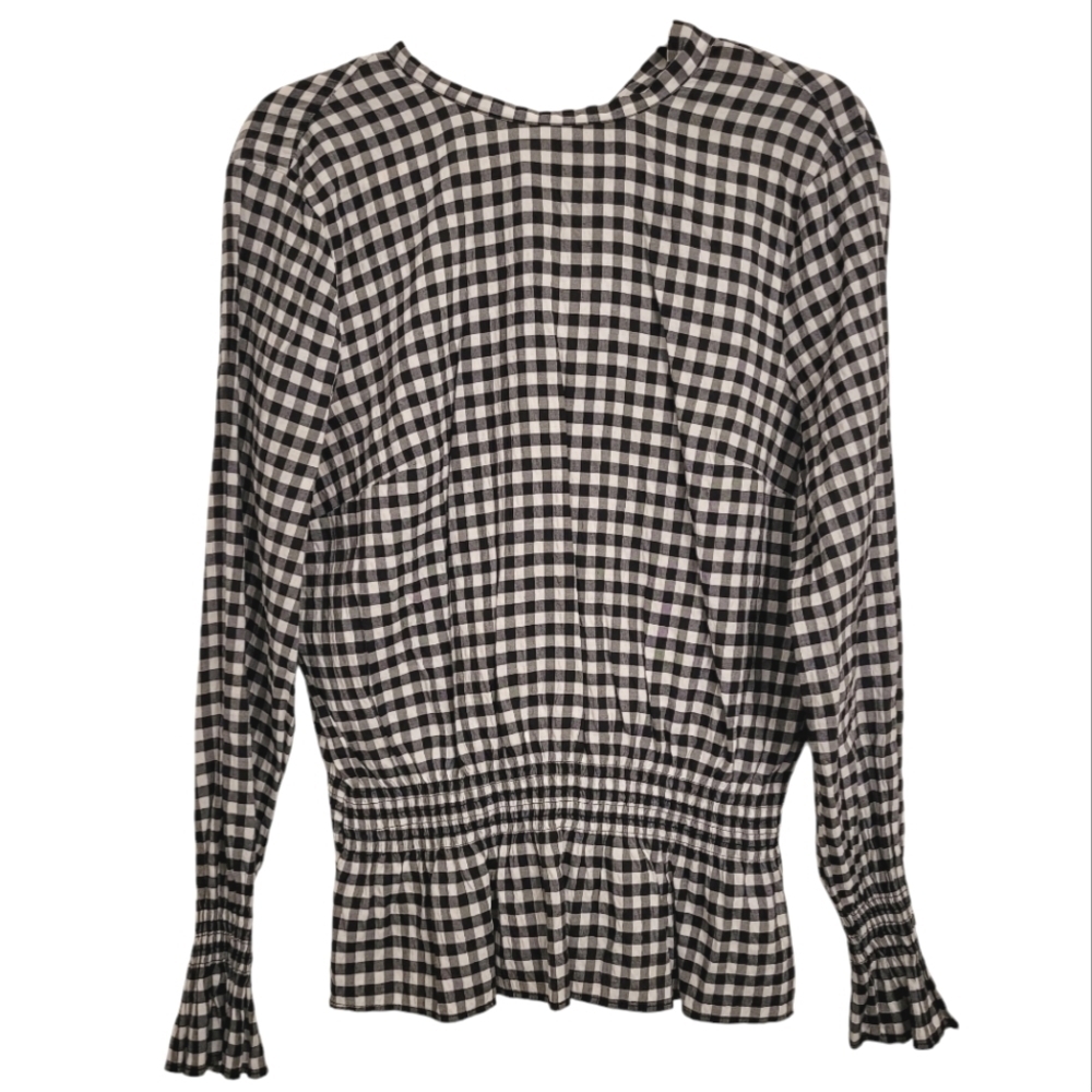 H&M Women's 12 black white gingham V tie back long sleeve blouse top casual